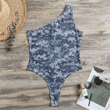 Navy Digital Camo Pattern Print One Shoulder Bodysuit