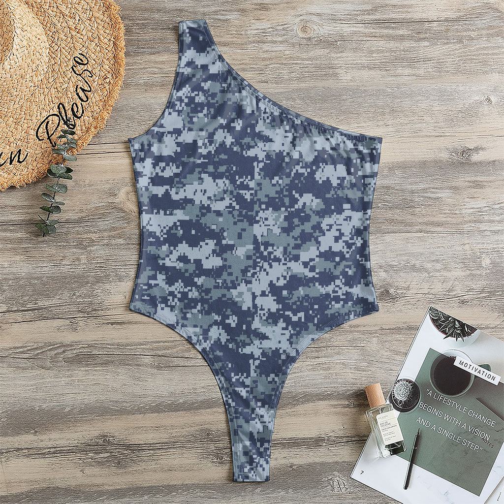 Navy Digital Camo Pattern Print One Shoulder Bodysuit