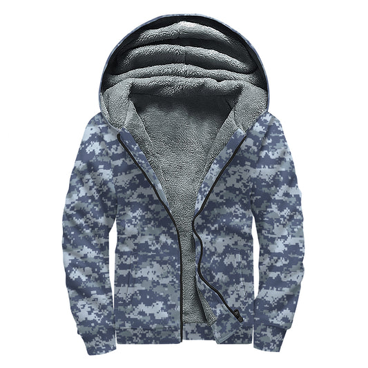 Navy Digital Camo Pattern Print Sherpa Lined Zip Up Hoodie