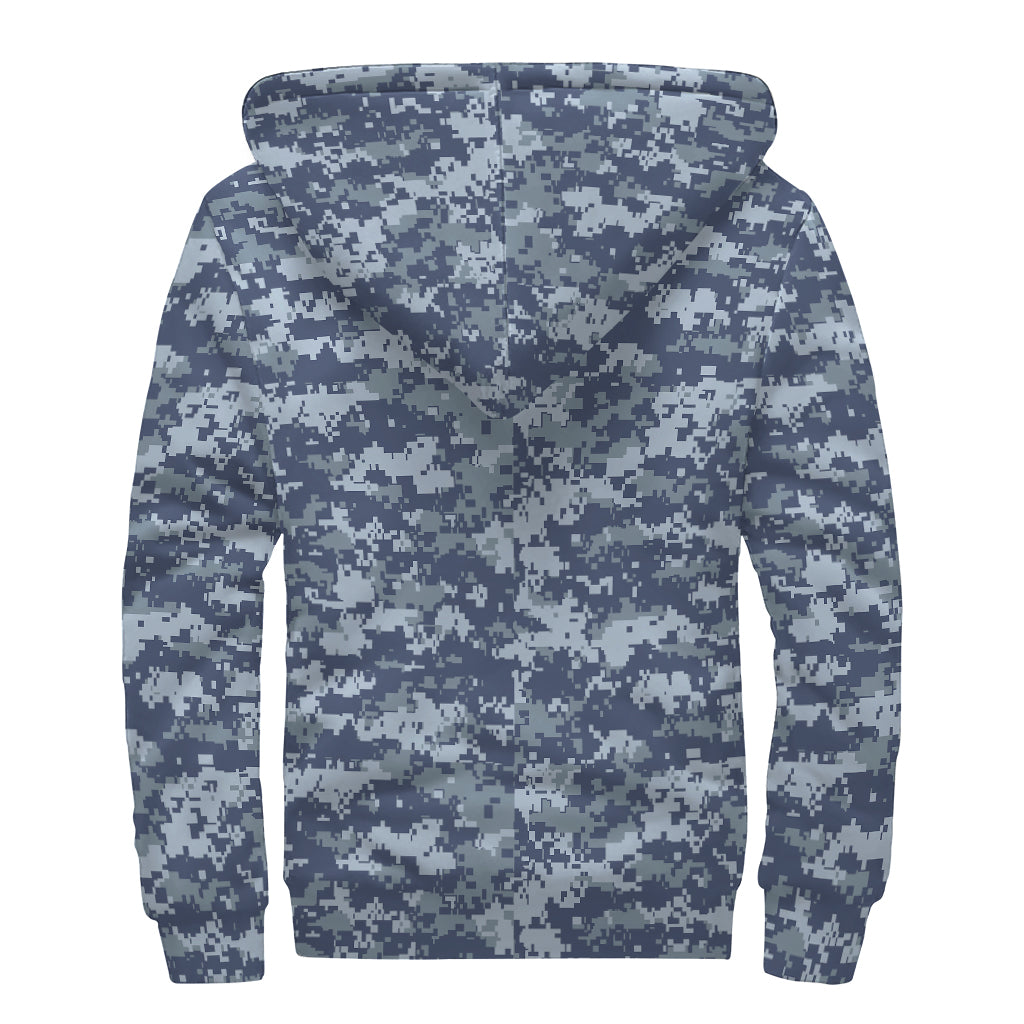 Navy Digital Camo Pattern Print Sherpa Lined Zip Up Hoodie