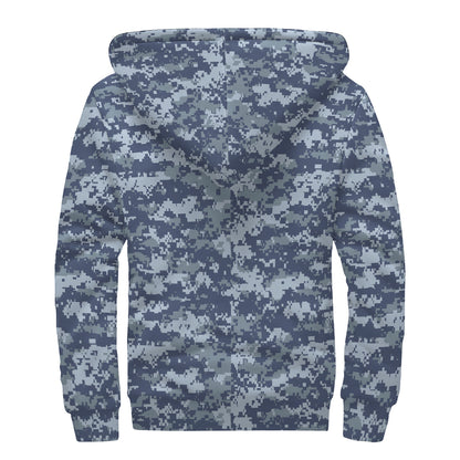 Navy Digital Camo Pattern Print Sherpa Lined Zip Up Hoodie