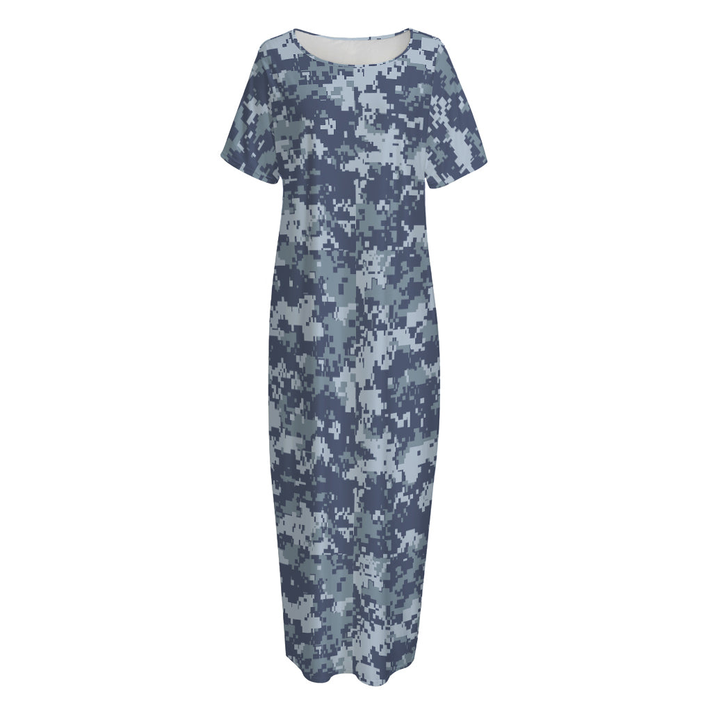 Navy Digital Camo Pattern Print Short Sleeve Long Nightdress