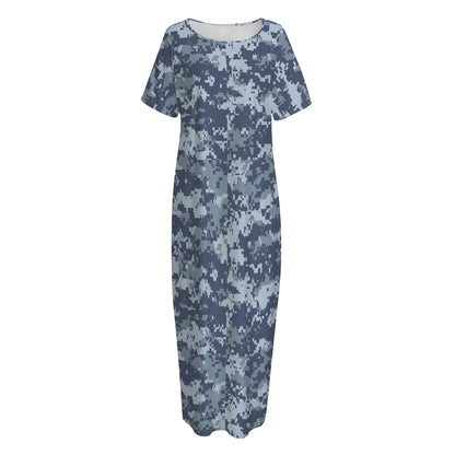 Navy Digital Camo Pattern Print Short Sleeve Long Nightdress
