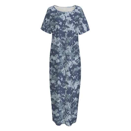 Navy Digital Camo Pattern Print Short Sleeve Long Nightdress