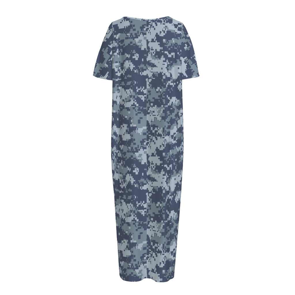 Navy Digital Camo Pattern Print Short Sleeve Long Nightdress