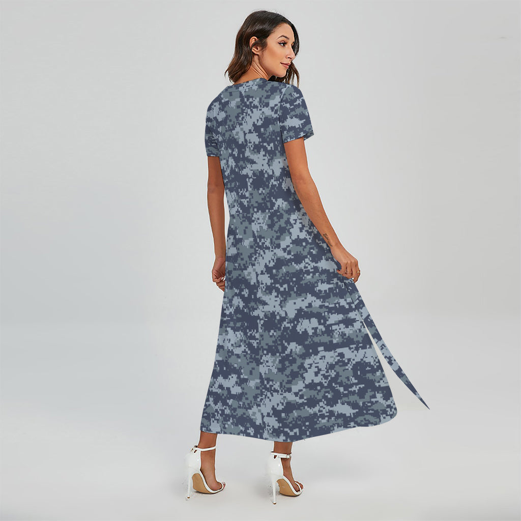 Navy Digital Camo Pattern Print Short Sleeve Maxi Dress