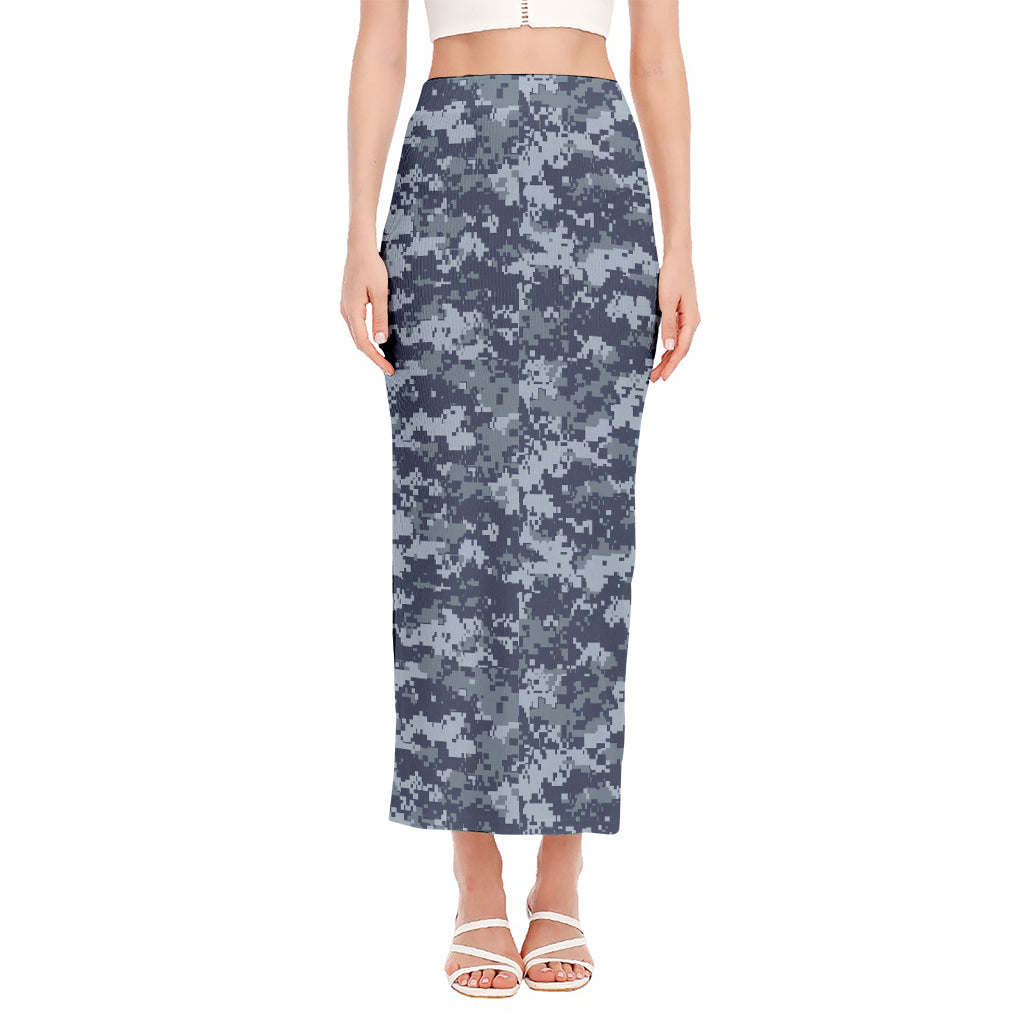 Navy Digital Camo Pattern Print Side Slit Maxi Skirt