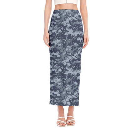Navy Digital Camo Pattern Print Side Slit Maxi Skirt