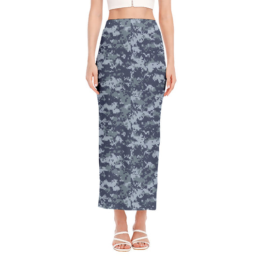 Navy Digital Camo Pattern Print Side Slit Maxi Skirt