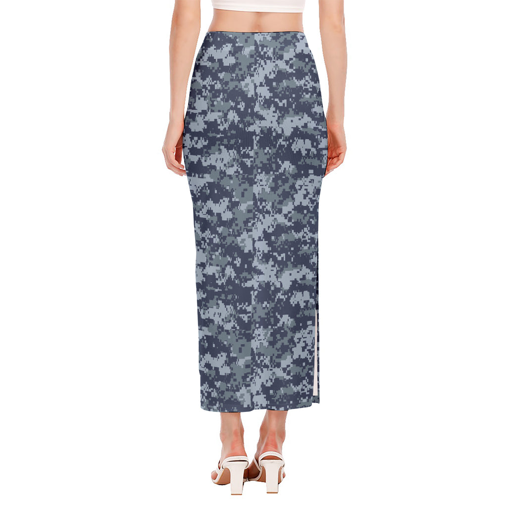 Navy Digital Camo Pattern Print Side Slit Maxi Skirt