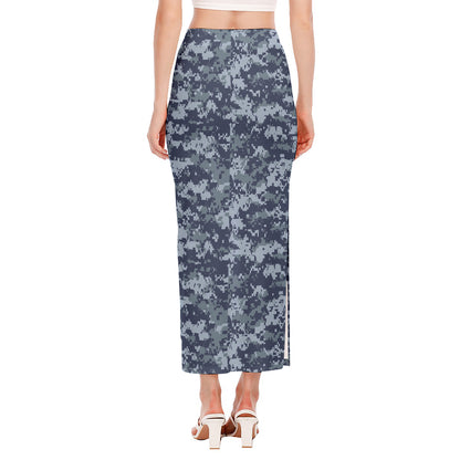 Navy Digital Camo Pattern Print Side Slit Maxi Skirt