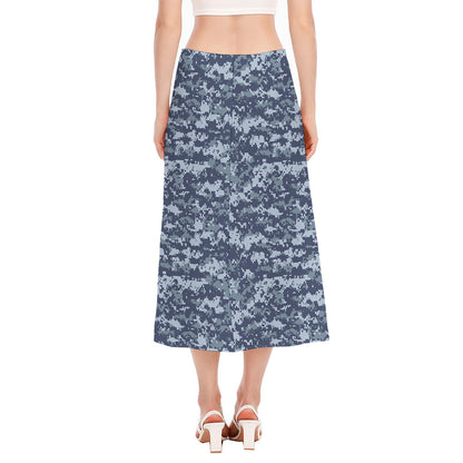 Navy Digital Camo Pattern Print Side Slit Midi Skirt