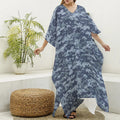 Navy Digital Camo Pattern Print Silk V-Neck Kaftan Dress