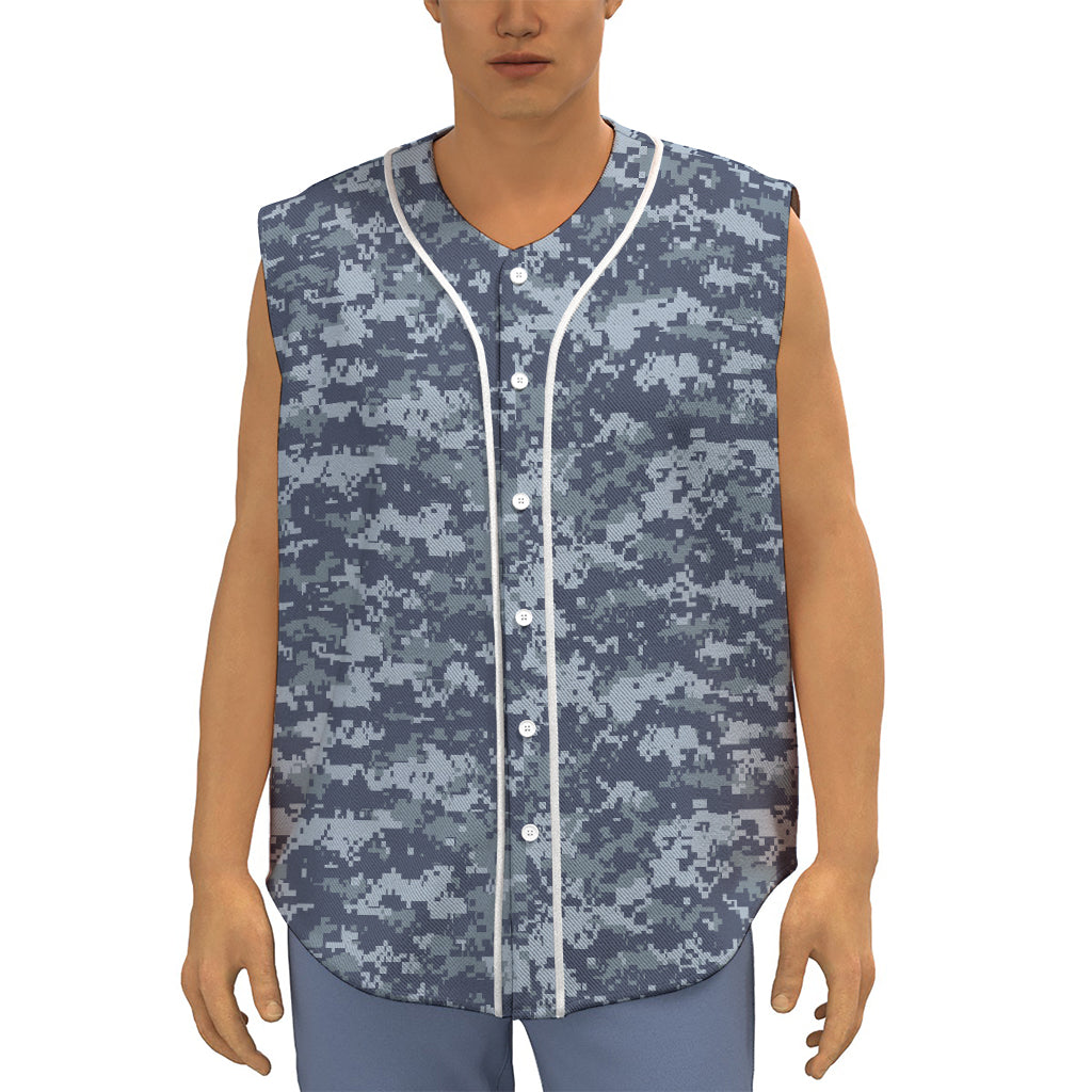 Navy Digital Camo Pattern Print Sleeveless Baseball Jersey