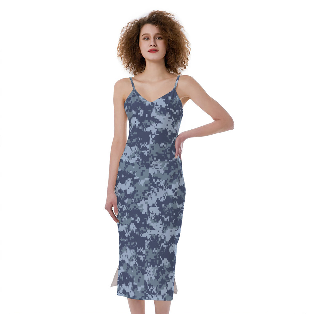 Navy Digital Camo Pattern Print Slim Fit Midi Cami Dress