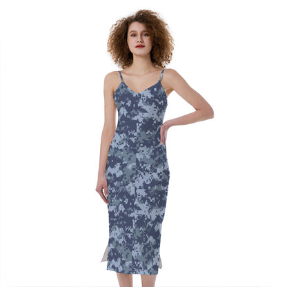 Navy Digital Camo Pattern Print Slim Fit Midi Cami Dress