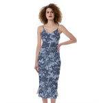 Navy Digital Camo Pattern Print Slim Fit Midi Cami Dress