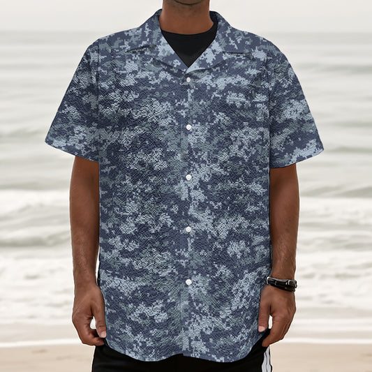 Navy Digital Camo Pattern Print Textured Short Sleeve Shirt