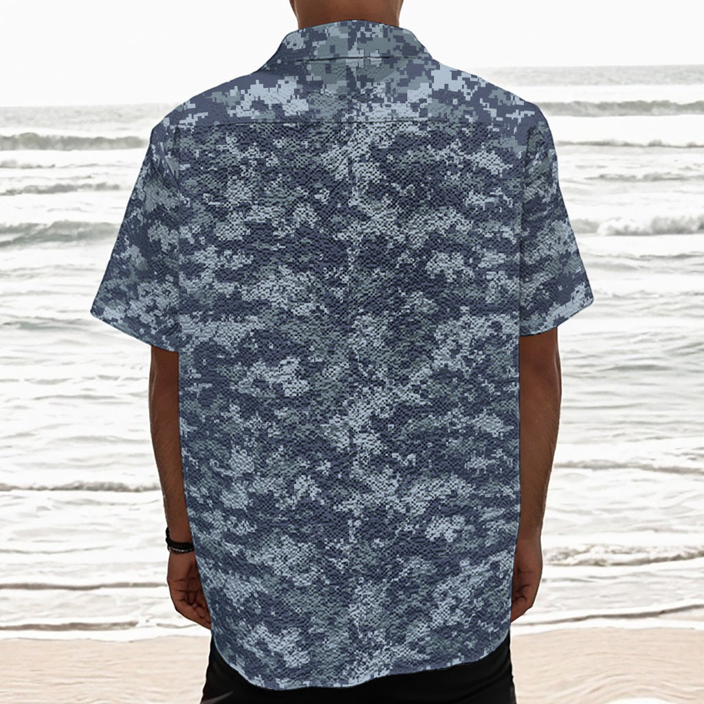 Navy Digital Camo Pattern Print Textured Short Sleeve Shirt
