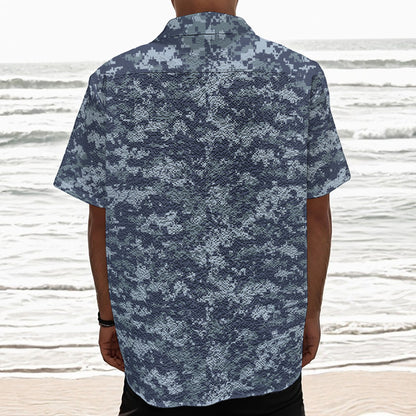 Navy Digital Camo Pattern Print Textured Short Sleeve Shirt