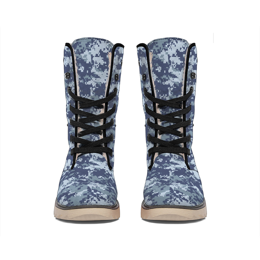 Navy Digital Camo Pattern Print Winter Boots