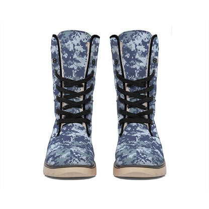 Navy Digital Camo Pattern Print Winter Boots
