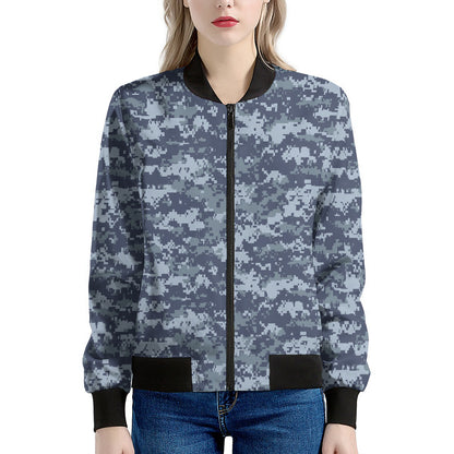 Navy Digital Camo Pattern Print Women's Bomber Jacket