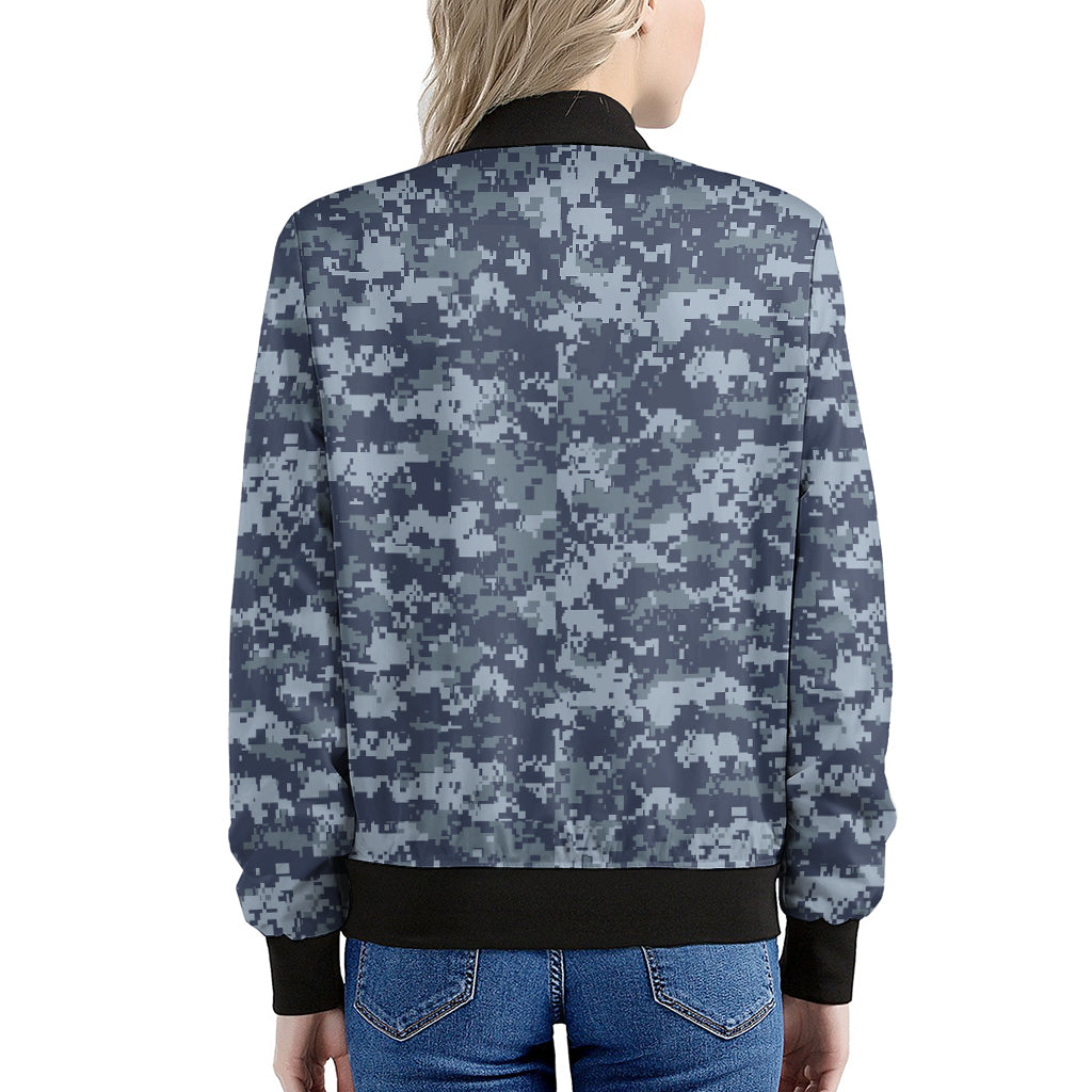 Navy Digital Camo Pattern Print Women's Bomber Jacket