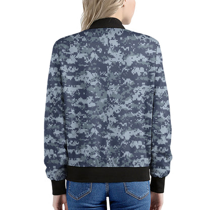Navy Digital Camo Pattern Print Women's Bomber Jacket