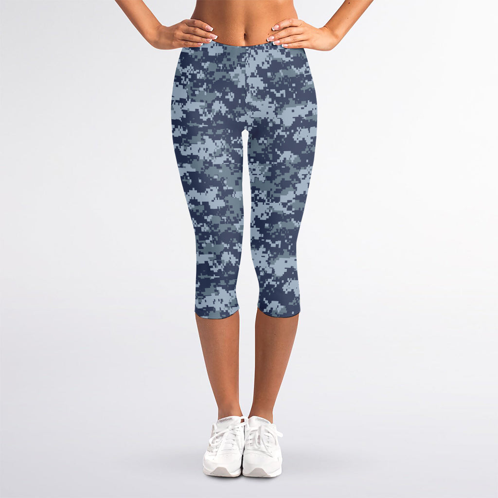 Navy Digital Camo Pattern Print Women's Capri Leggings