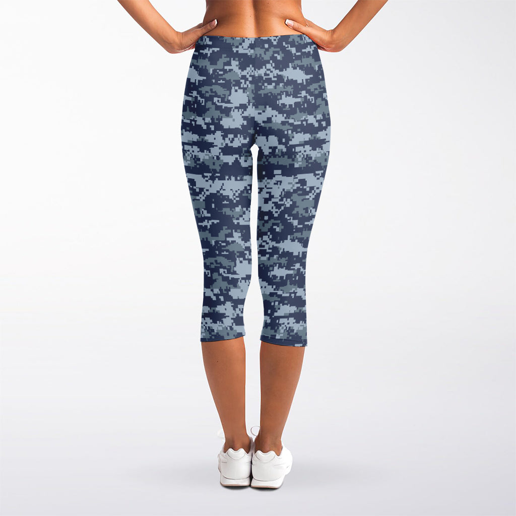Navy Digital Camo Pattern Print Women's Capri Leggings