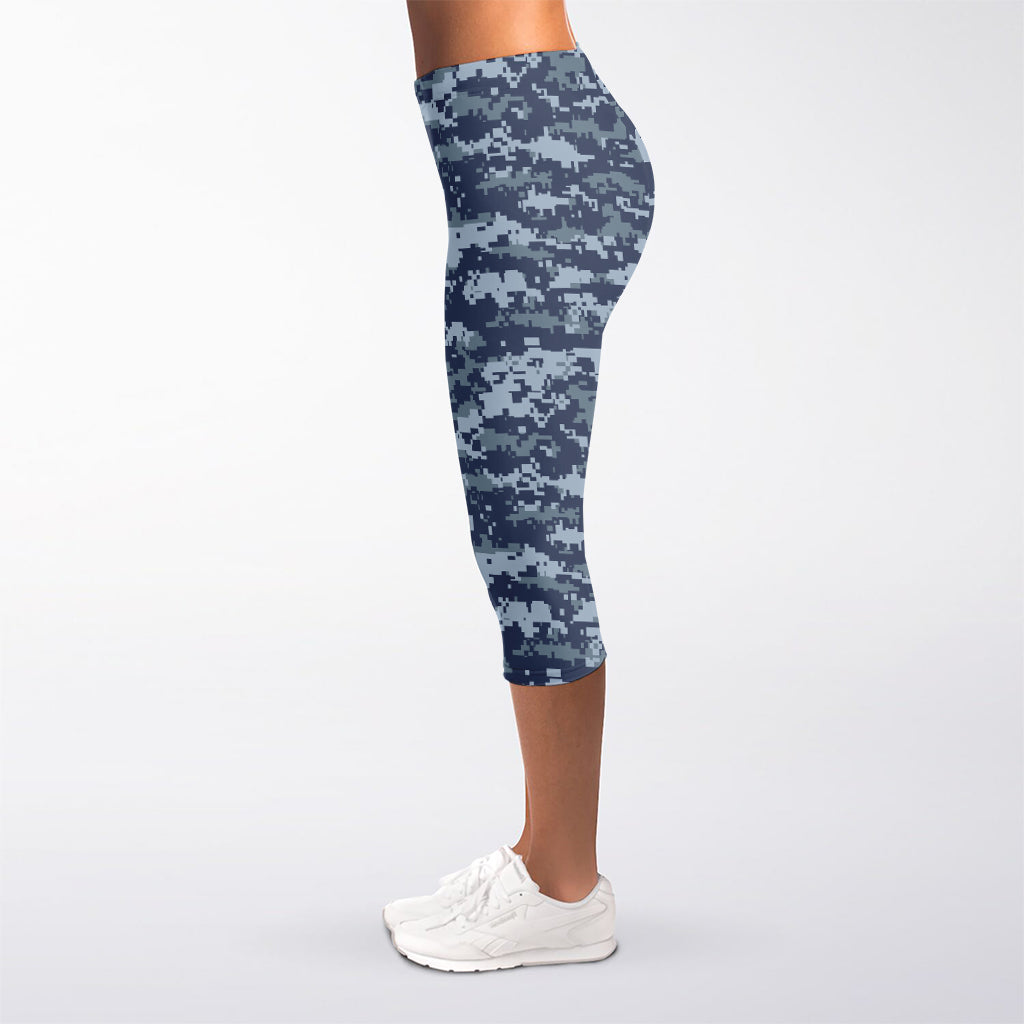 Navy Digital Camo Pattern Print Women's Capri Leggings