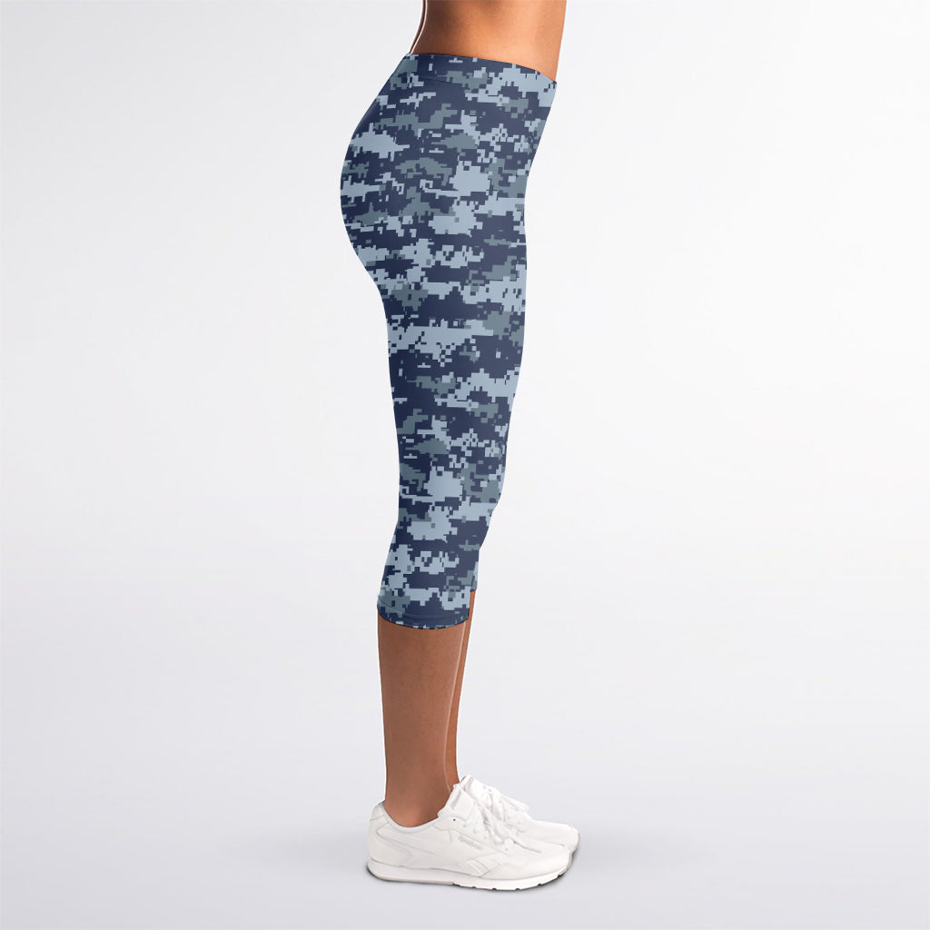 Navy Digital Camo Pattern Print Women's Capri Leggings