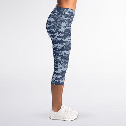 Navy Digital Camo Pattern Print Women's Capri Leggings
