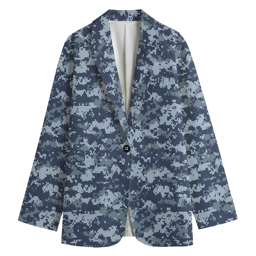 Navy Digital Camo Pattern Print Women's Cotton Blazer