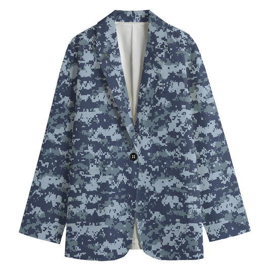 Navy Digital Camo Pattern Print Women's Cotton Blazer