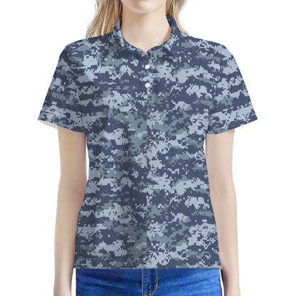 Navy Digital Camo Pattern Print Women's Polo Shirt
