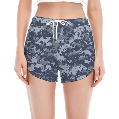 Navy Digital Camo Pattern Print Women's Split Running Shorts