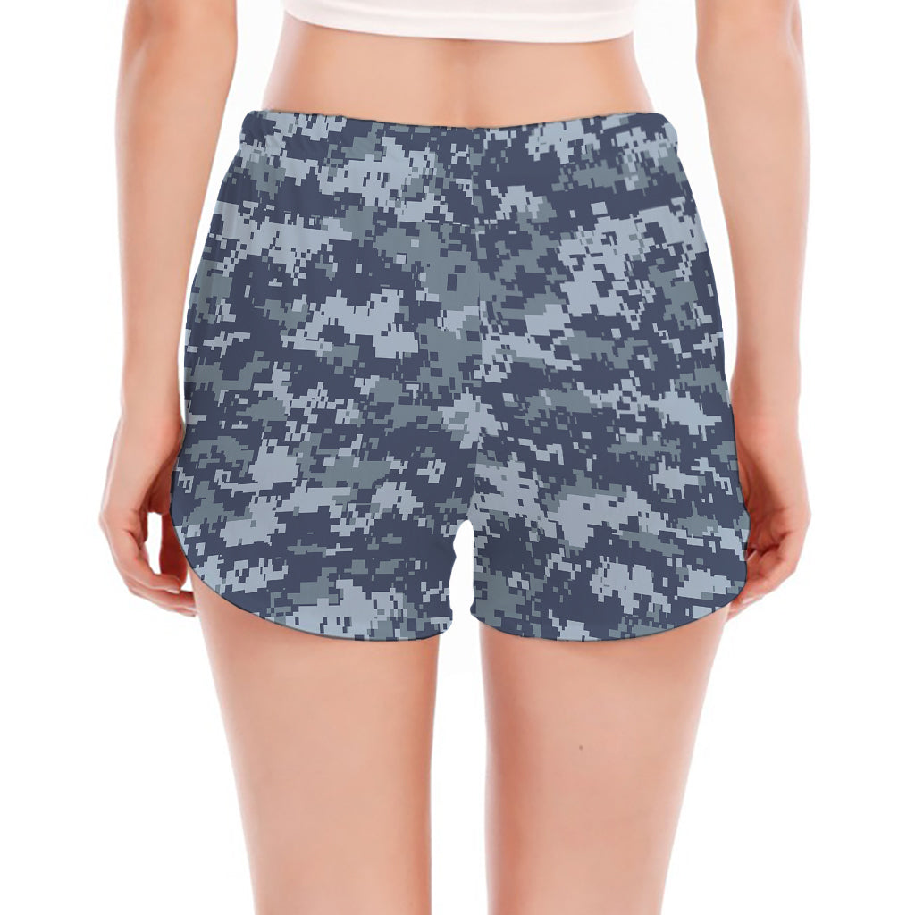 Navy Digital Camo Pattern Print Women's Split Running Shorts