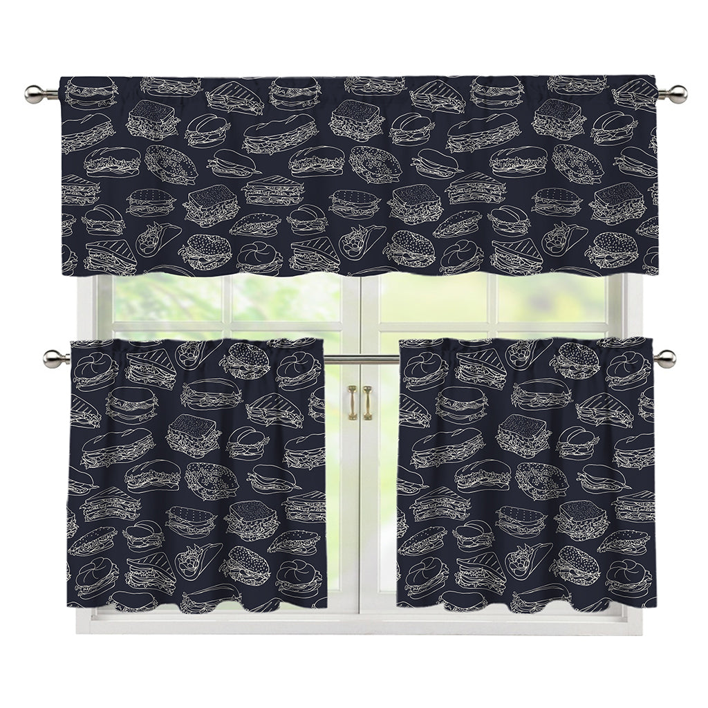 Navy Doodle Sandwich Pattern Print 3 Piece Kitchen Curtains