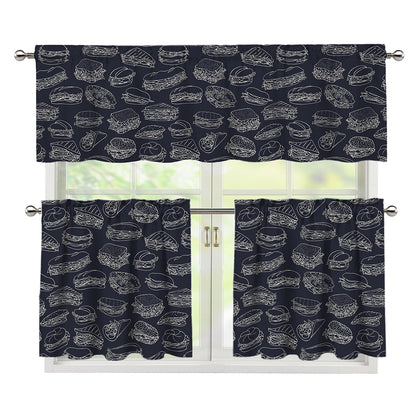 Navy Doodle Sandwich Pattern Print 3 Piece Kitchen Curtains