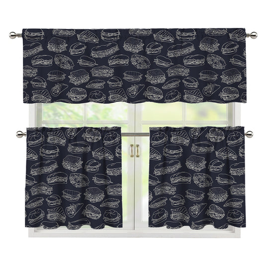 Navy Doodle Sandwich Pattern Print 3 Piece Kitchen Curtains