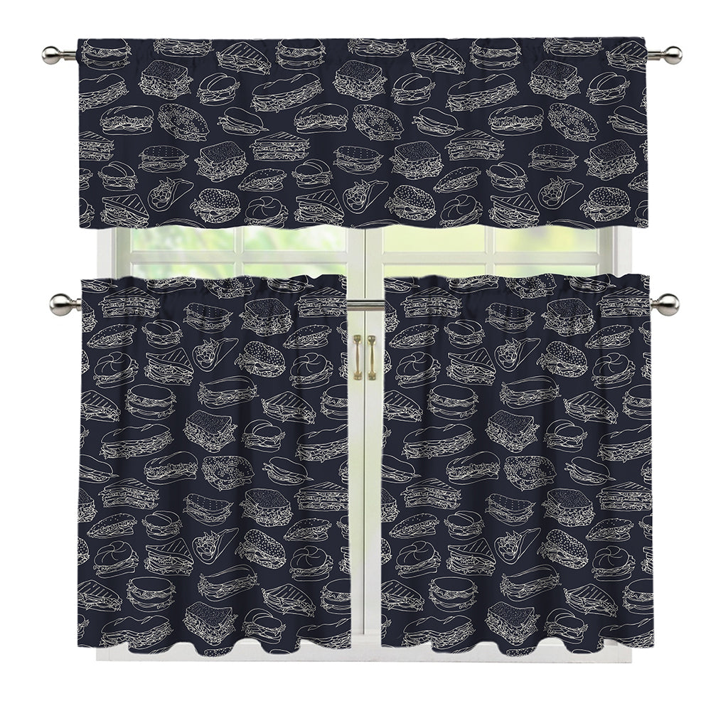 Navy Doodle Sandwich Pattern Print 3 Piece Kitchen Curtains