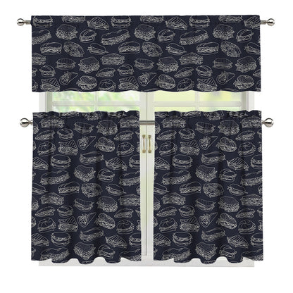 Navy Doodle Sandwich Pattern Print 3 Piece Kitchen Curtains