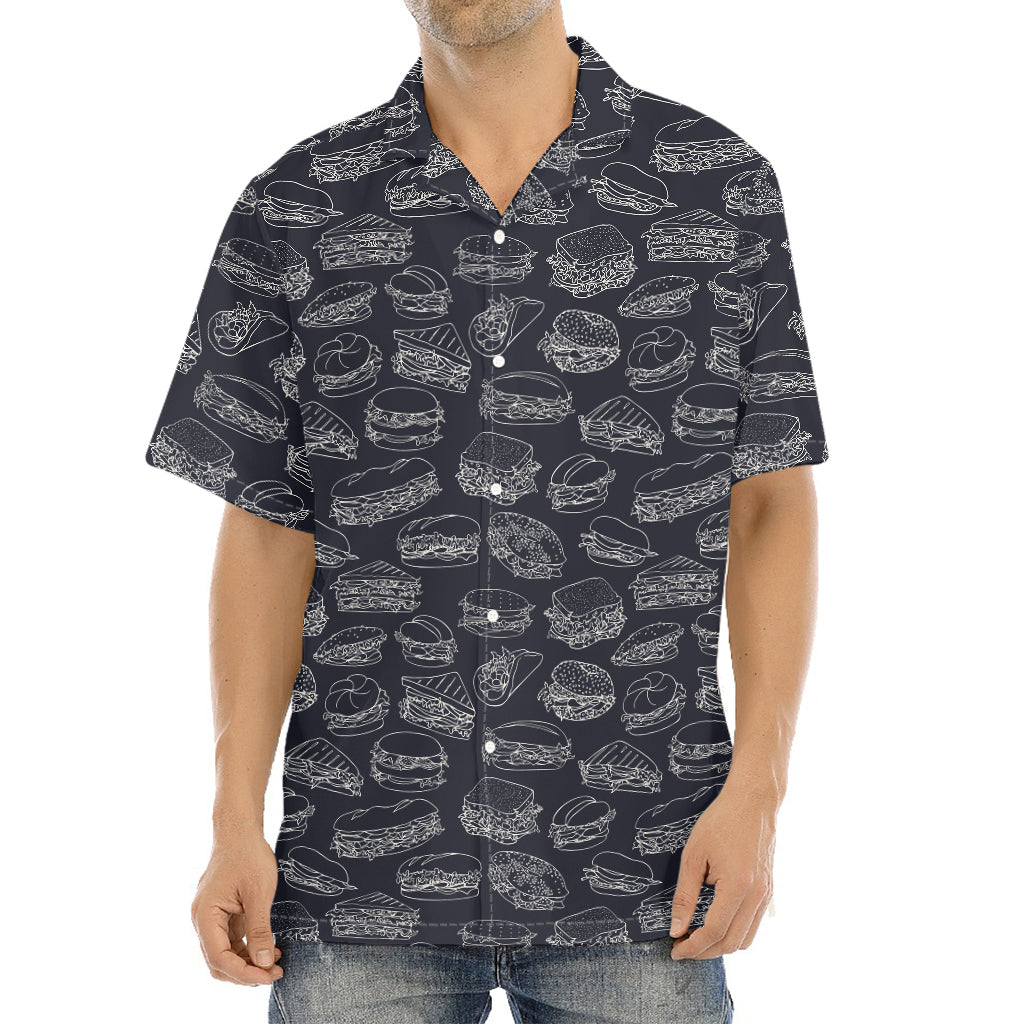 Navy Doodle Sandwich Pattern Print Aloha Shirt