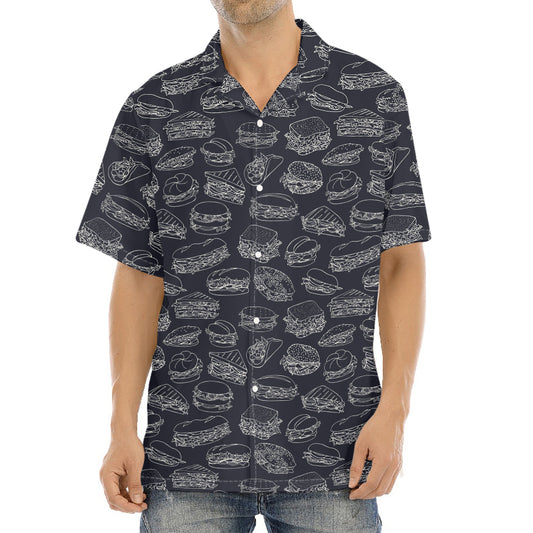 Navy Doodle Sandwich Pattern Print Aloha Shirt