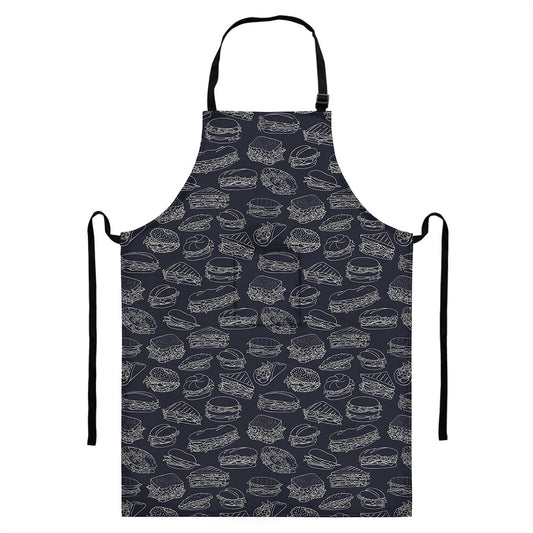 Navy Doodle Sandwich Pattern Print Bib Apron With Pocket