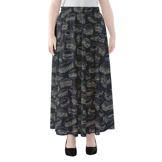 Navy Doodle Sandwich Pattern Print Chiffon Maxi Skirt