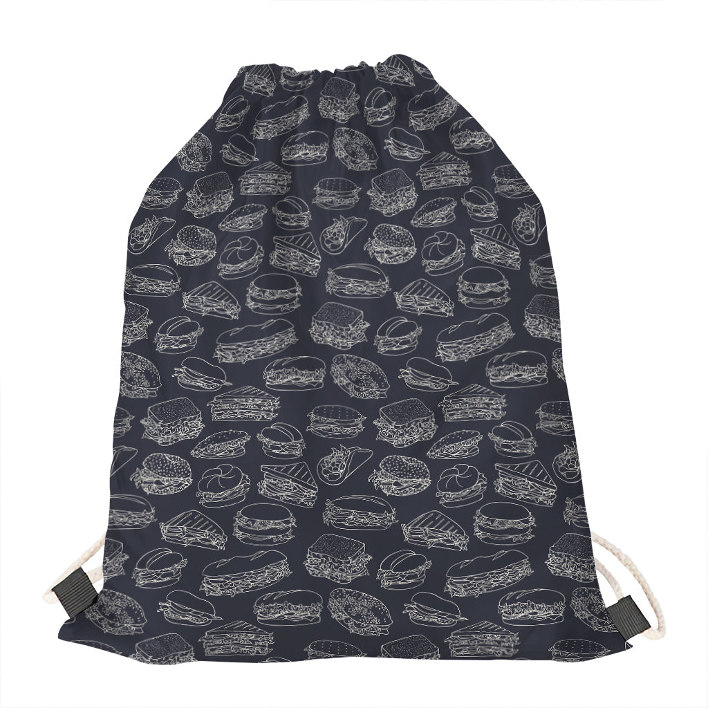 Navy Doodle Sandwich Pattern Print Drawstring Bag