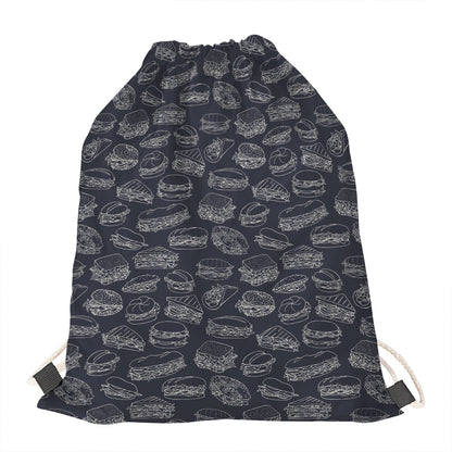 Navy Doodle Sandwich Pattern Print Drawstring Bag